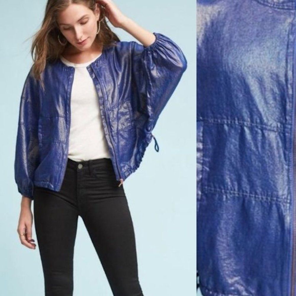 Anthropologie Elevenses Raquel Bubble Jacket Blue Metallic Bomber Sporty Size XS